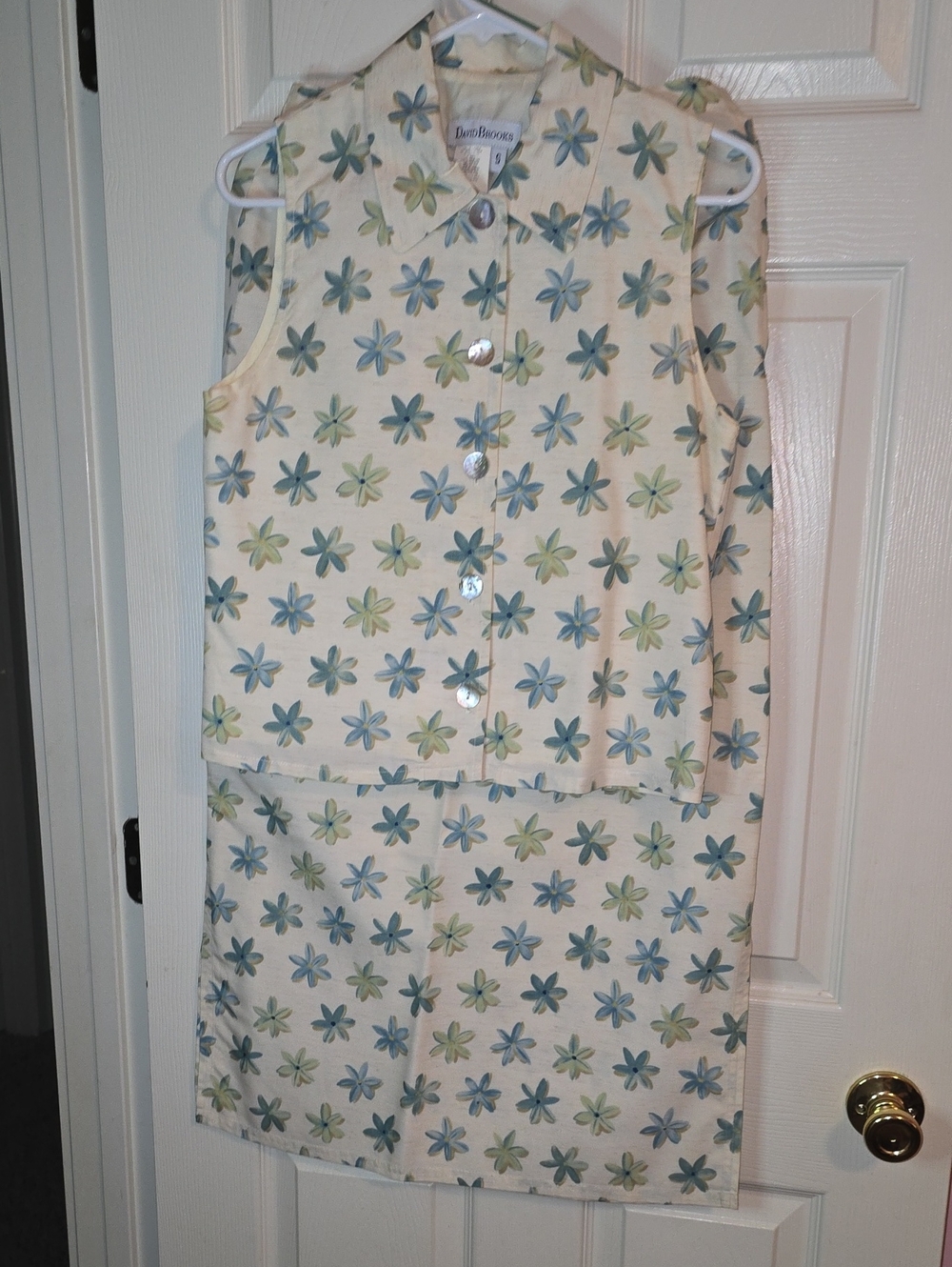 david brooks Cream‎ Maxi Skirt Set with Blue and Green Floral Print